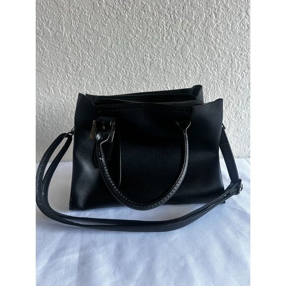 Women Black Faux Leather Satchel Bag With Double Top Handle Zipper Handbag - Picture 4 of 9